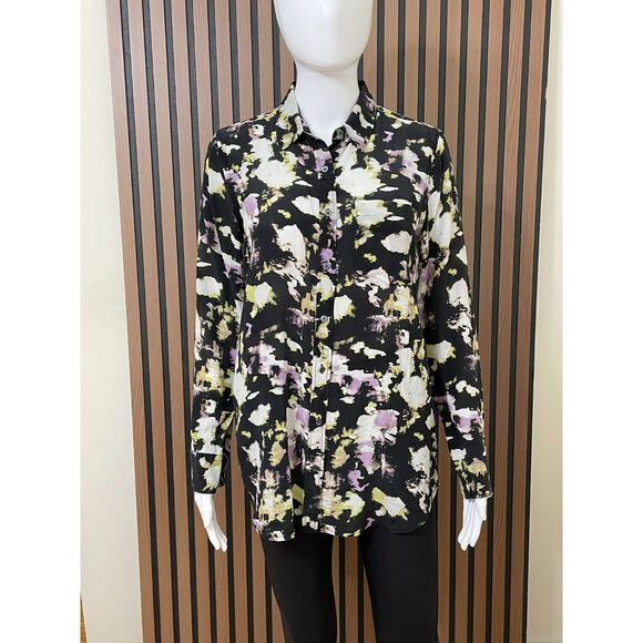 Banana Republic Watercolor 100% Silk Women's XS Black Shirt Button-Up Work - Picture 1 of 11